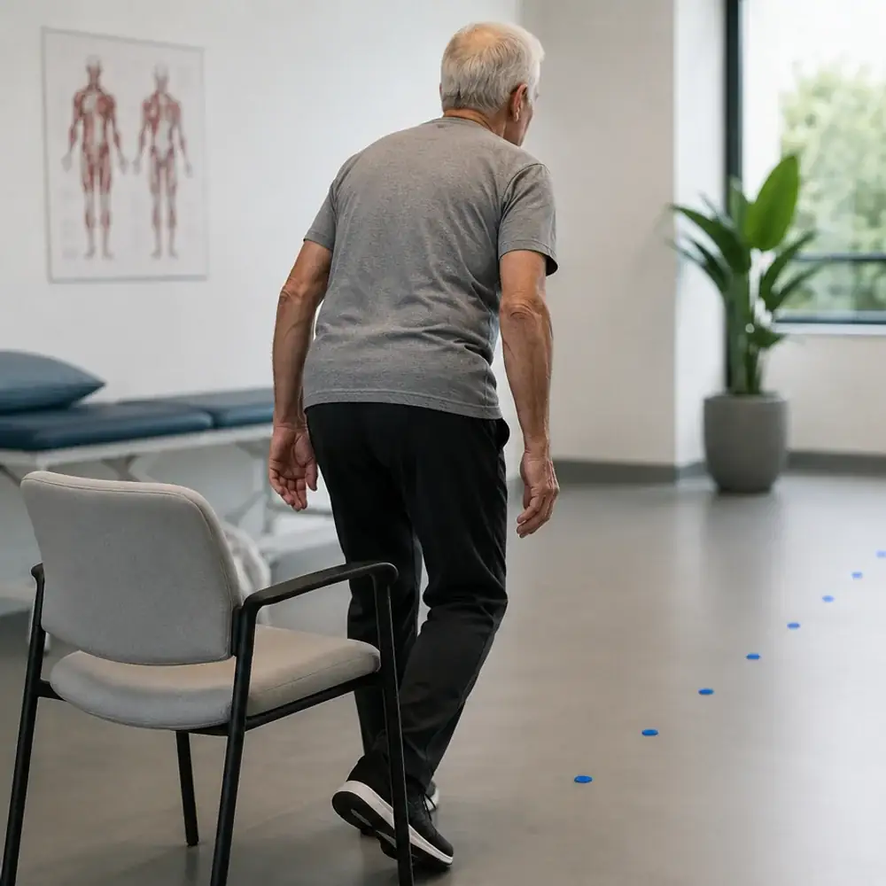 An older patient walking a marked path in a clinic while a tablet captures his movement